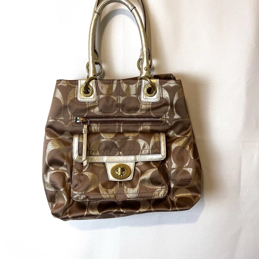 Coach Tan and Gold Patterned large Shoulder Bag